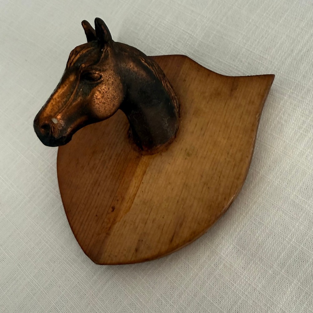 Vintage Equestrian Horse Head Wall Plaque Shield Wood Base Bronze Tone Decor